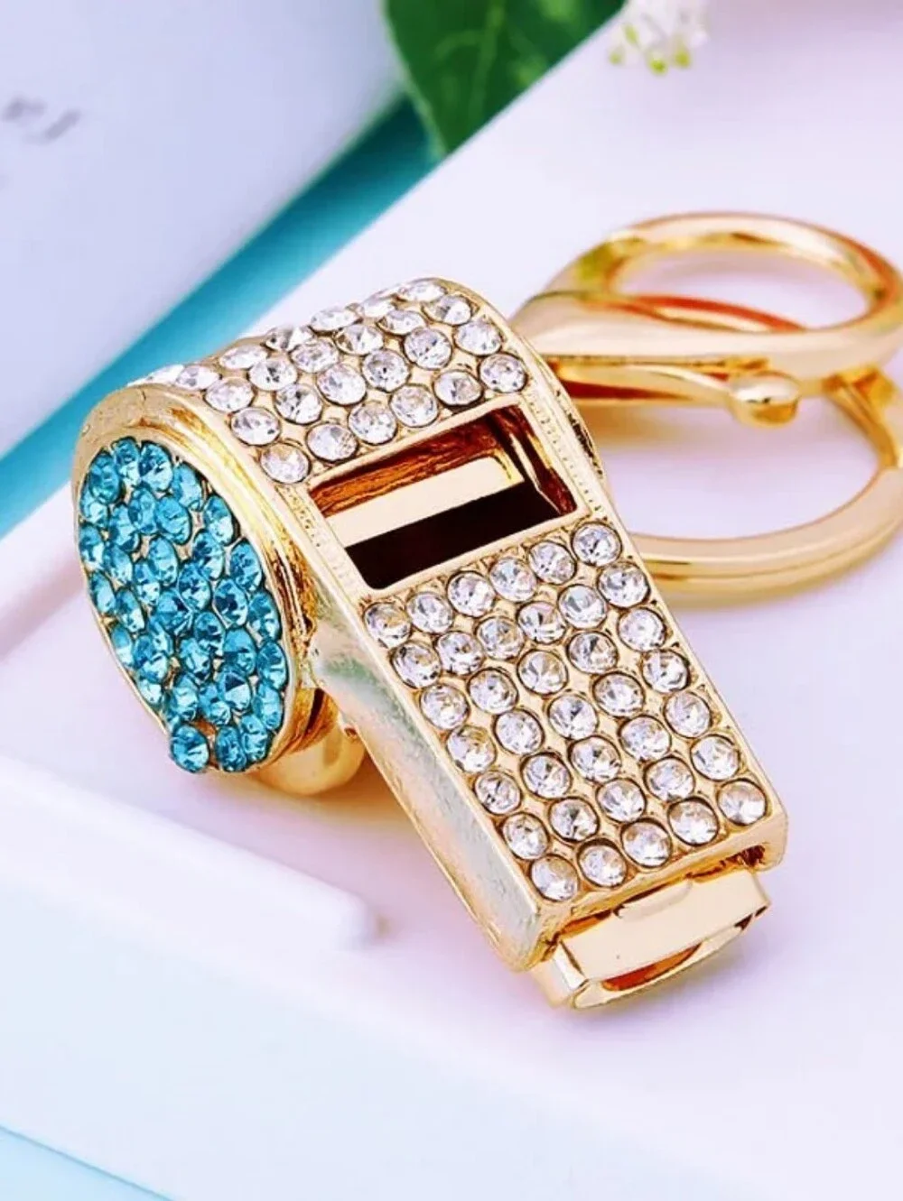 Gold Crystal Whistle Keychain with Blue Accent - Women Accessories